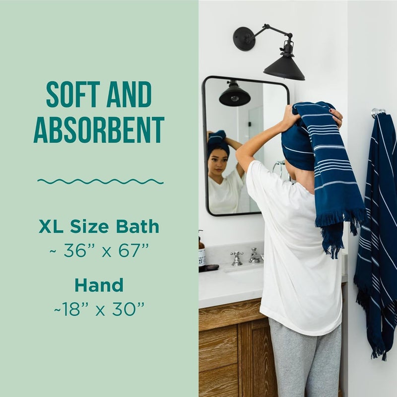 Sand Cloud Turkish Bath Towels Bundle for Bathroom, Set of 4 (Classic Navy) - Large Size - 100% Certified Organic Cotton Yarn is Lightweight, Soft & Absorbent - Premium Bath & Hand Towels Dry Faster - Image 3